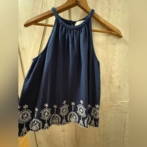 LOFT Navy Linen Blend Embroidered Halter Top – Size S